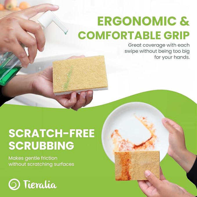 Tieralia Lemon Dish Soap Bar & Natural Plant-Based Dish Sponge Bundle | 2-Pack Solid Dish Soap + 12 Eco-Friendly Biodegradable Kitchen Sponges