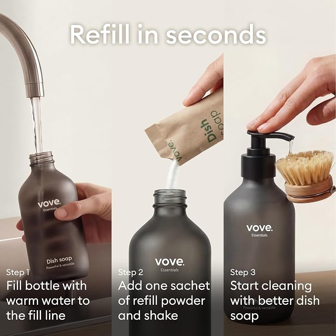 Vove Dish Soap Refills 3-Pack, Bergamot Mint & Basil, Powder-to-Gel Dishwashing Liquid Refill, Plant-Based Concentrated Formula, Grease-Cutting Power, Plastic-Free Compostable Packaging, Essential oil