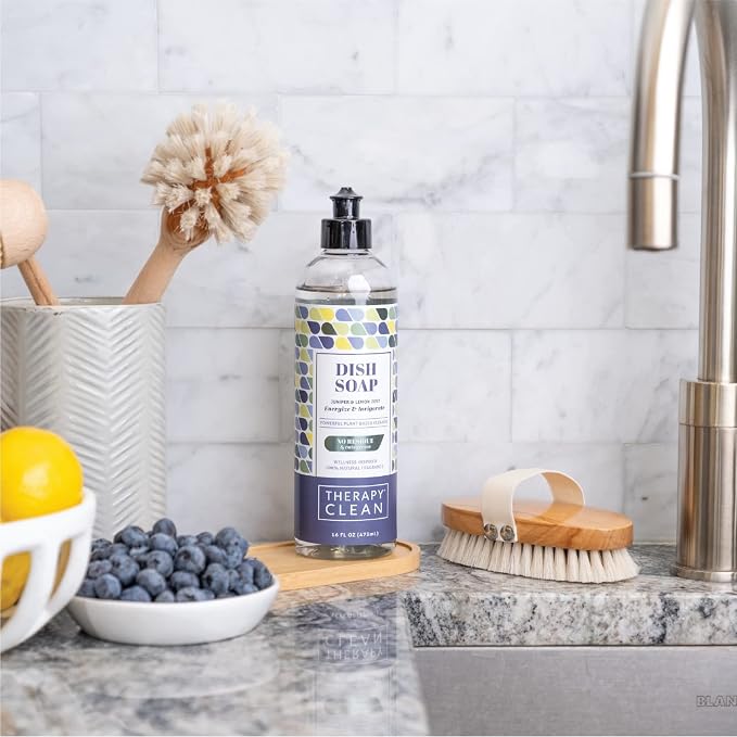 Therapy Clean Plant Based Dish Soap Liquid - Juniper & Lemon Zest fl. 16 oz - Non Toxic Dish Soap Liquid, All Natural Scent, Organic Dishwashing Cleaner and Detergent for Kitchen