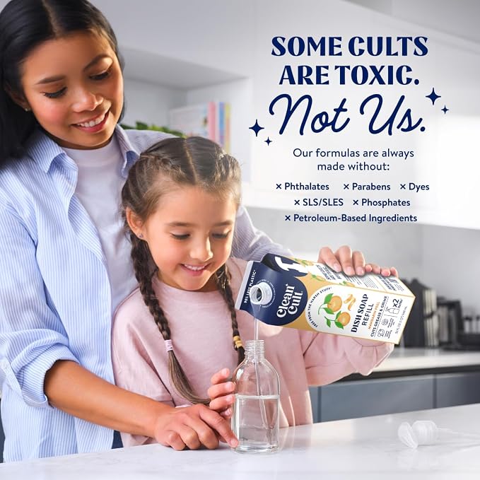 Cleancult Dish Soap Liquid Refills - Plant Based Cleaning Power - Cuts Grease & Grime - Free of Harsh Chemicals - Uses 90% Less Plastic - Mandarin Peel - 32 oz/3 Pack