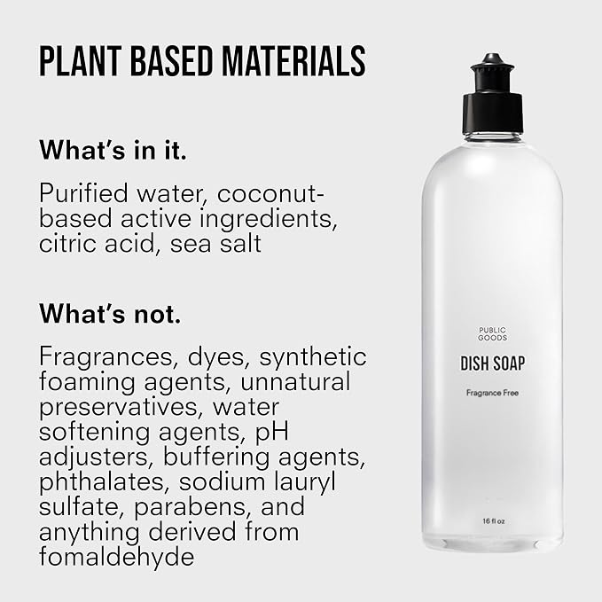 Public Goods Natural Fragrance Free Dish Soap | Kitchen Soap | Plant-Based & Vegan Friendly | Clear Dish Detergent Liquid | Concentrated Formula | Made in USA | 16 Fl Oz