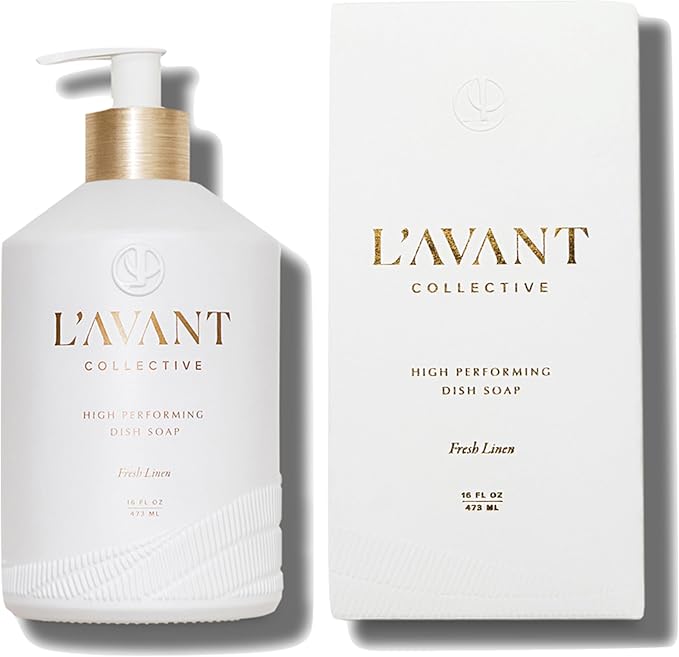 L'AVANT Collective Natural Dish Soap, Plant-Based, Fresh Linen, 16 Fl Oz | Plant-based formula, grease-cutting power, refillable glass pump bottle, kid and pet safe, cruelty-free, Fresh Linen scent