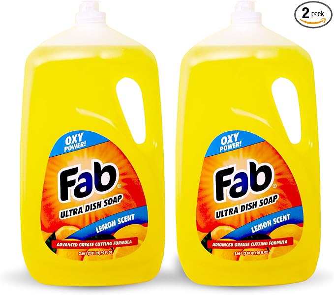 La's Totally Awesome Fab Liquid Dish Soap, Lemon Scent, 90 fl oz (Pack of 2), Powerful Grease-Cutting Dishwashing Liquid, Gentle on Hands, for Pots, Pans, Glassware & Cookware