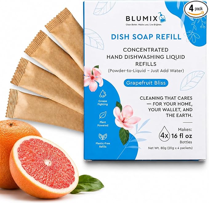 Dish Soap Refill Powder-to-Liquid Concentrate, Just Add Cool Water, Grapefruit Scent, 4 Packets Make 4 x 16 fl oz Bottles, Grease-Fighting, Plastic-Free (Grapefruit Scent)