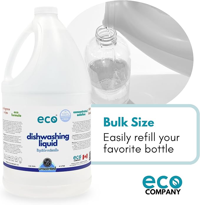 Eco Dishwashing Liquid, Unscented, 1 Gallon, Plant-based Dish Soap, Concentrated, Fragrance Free, Biodegradable, Grease Cutting Formula, Bulk Dish Soap Refill, Eco Friendly Dishwashing