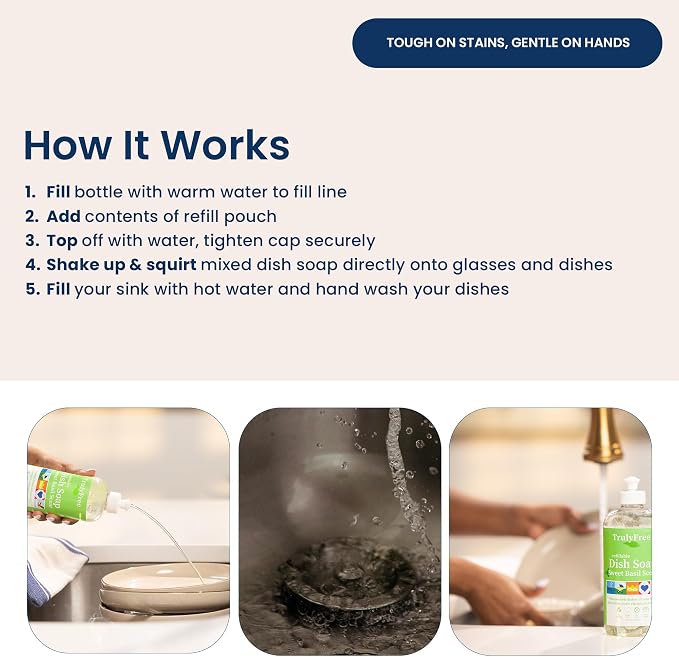 Truly Free Non Toxic Dish Soap | Natural Concentrated Dishwashing Liquid - Sweet Basil Scent | Non Toxic Organic Plant-Based Dish Soap | Family Safe - Eco-Friendly Formula | 16 fl oz