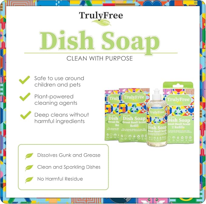Truly Free Non Toxic Dish Soap | Natural Concentrated Dishwashing Liquid - Sweet Basil Scent | Non Toxic Organic Plant-Based Dish Soap | Family Safe - Eco-Friendly Formula | 16 fl oz