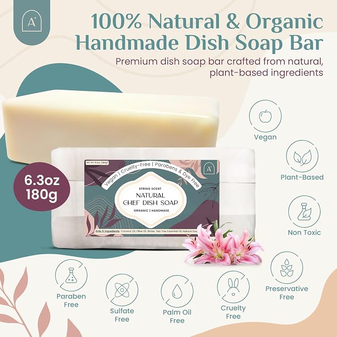 Natural Dish Soap Bar, Cleaning Dishes Solid Block for Kitchen - Organic Biodegradable Dishwashing, only 5 Ingredients, Gentle on Hands - Spring Scent (1 Pack, 6.3oz)