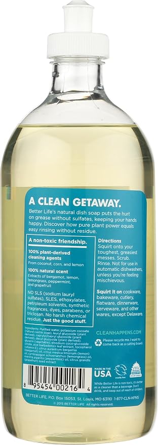 Better Life Dish Soap - Liquid Dishwashing Soap with Vitamin E and Aloe for Home & Kitchen Sink - No Gloves Required Kitchen Soap for Sensitive Skin - 22oz Lemon Mint