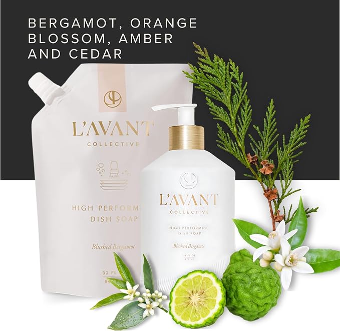 L'AVANT Collective The Sink-Side Care Duo, Natural Luxury Dish Soap 16 Fl Oz with Moisturizing Hand Lotion 10 Fl Oz, Plant-Based Formulas in Refillable Glass Pump Bottles, Blushed Bergamot