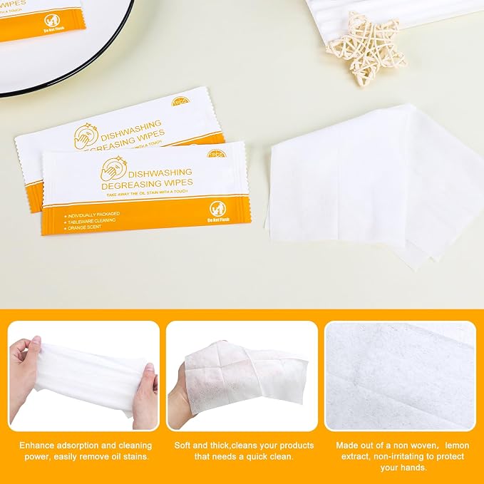 Dish Cleaning Wipes Individually Wrapped Travel Dish Soap Wipes Orange Scent 7.7”x 7.3“ Disposable Wipes Portable for Kitchen Outdoor Traveling Camping RV Quick Clean (200)
