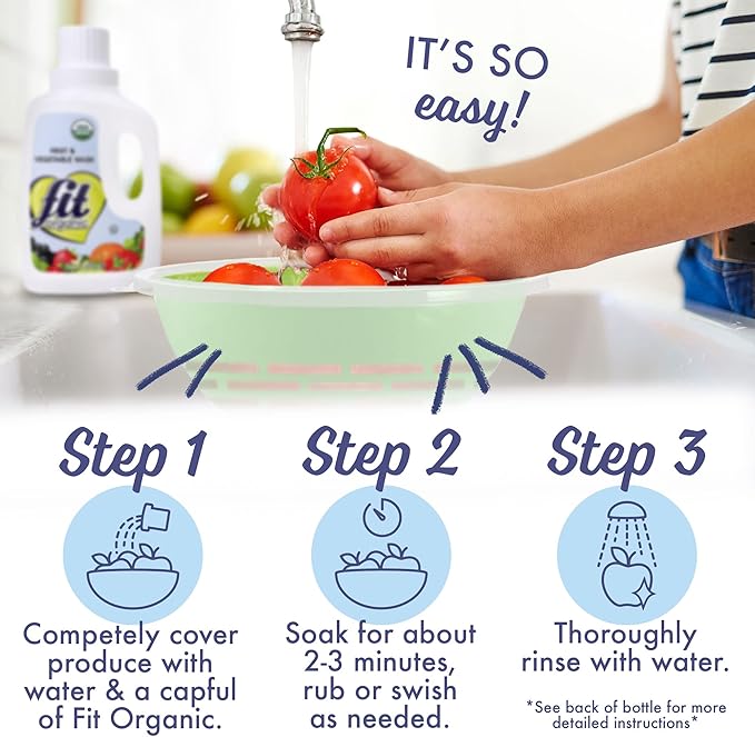 Fit Organic Produce Wash Soaker – USDA Certified Organic Fruit & Vegetable Cleaner, Tasteless & Odorless, Chemical-Free, Kosher, Safe for Family, Kids & Pets – 32 FL Oz (2-Pack)