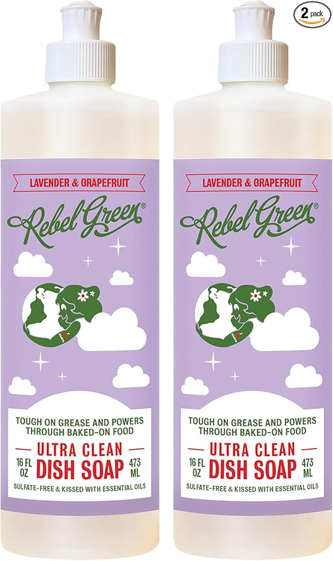 Rebel Green Ultra Clean Dish Soap, Plant-Derived Dishwashing Soap | Liquid Dish Soap for Grease and Tough Messes, No Harsh Chemicals, Lavender & Grapefruit Scent, 16 fl oz, 2 Pack
