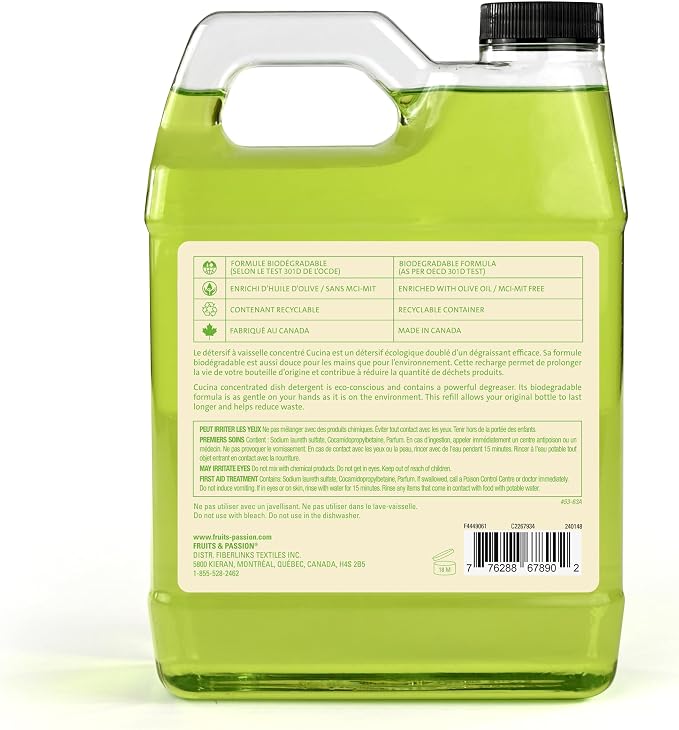 Fruits & Passion Cucina Concentrated Dish Soap Refill, Lime Zest & Cypress, Gentle Liquid Dishwashing Detergent with Olive Oil, Vegan & Biodegradable Formula, 1 Liter (33.8 fl oz)