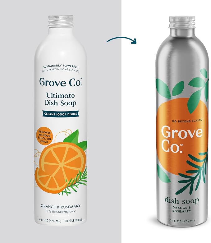 Grove Co. Dish Soap, 3 x 16 fl oz Refills + Refillable Glass Dispenser | Orange & Rosemary; Plastic-Free; Reusable dispenser; Refill format; Removes Stuck on Food; 98% plant-based ingredients