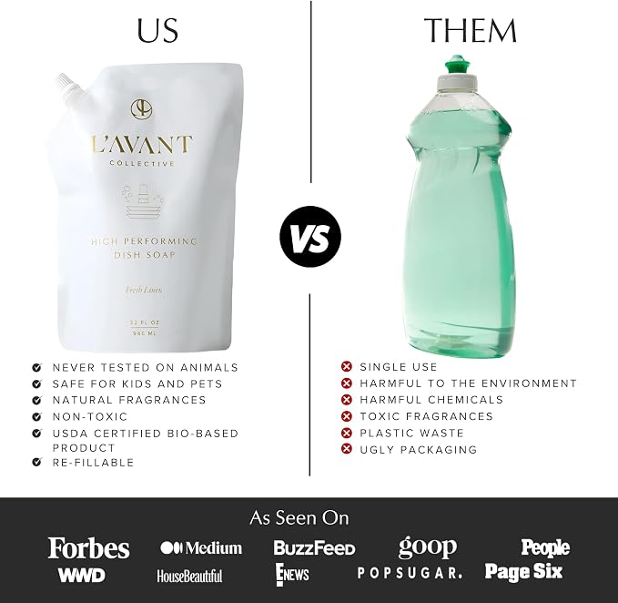 L'AVANT Dish Soap Refill, Plant-Based Grease-Cutting, Fresh Linen, 32 Fl Oz | Plant-based grease cutting, Fresh Linen fragrance, gentle on hands, non-toxic formula, refill pouch, cruelty-free, 32 fl oz