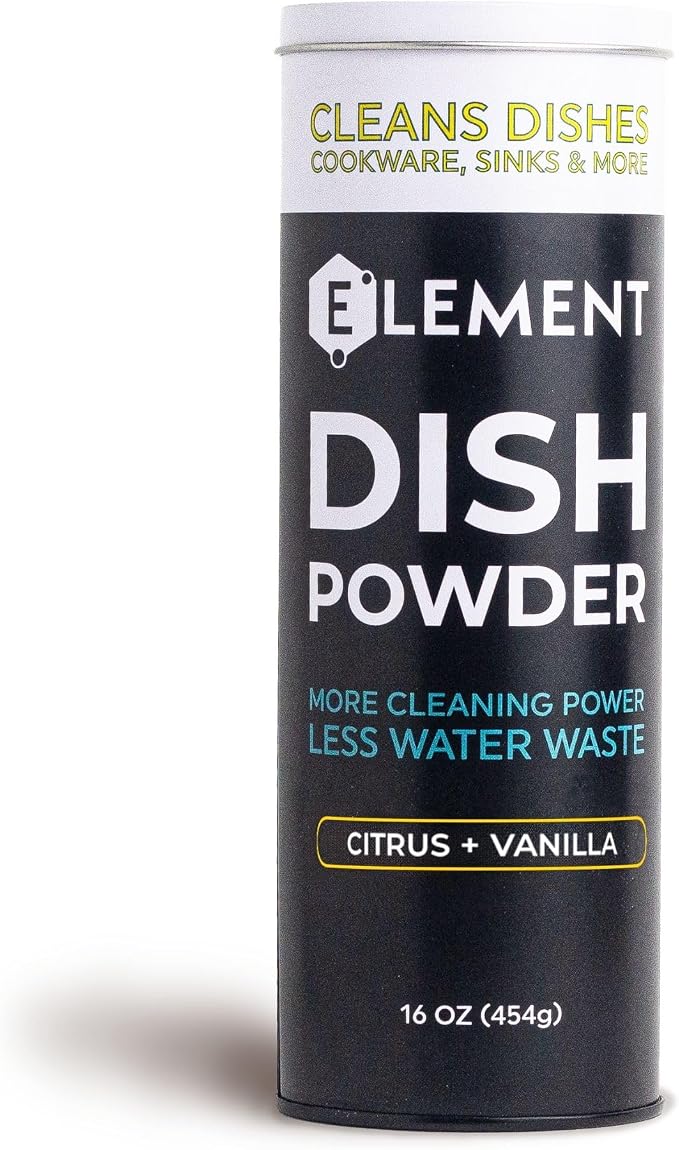 ELEMENT Dish Powder | Pre-Filled Refillable Shaker with Grease-Fighting Dish Soap | Liquidless, Plastic-Free | No Harsh Chemicals (16 OZ in Refillable Shaker, Citrus + Vanilla)