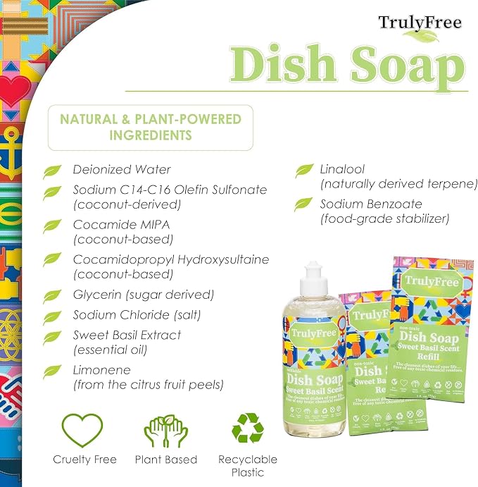 Truly Free Non Toxic Dish Soap | Natural Concentrated Dishwashing Liquid - Sweet Basil Scent | Non Toxic Organic Plant-Based Dish Soap | Family Safe - Eco-Friendly Formula | 16 fl oz