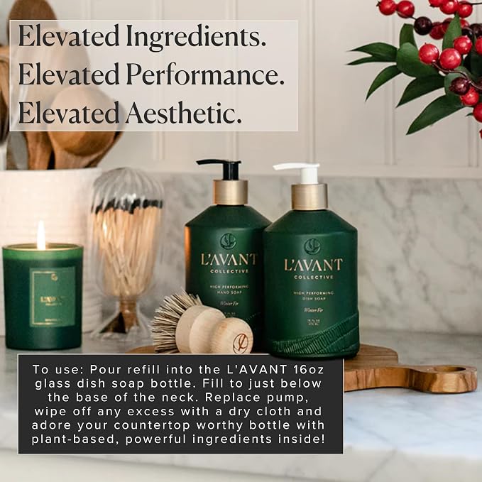 L'AVANT Collective Natural Luxury Dish Soap Refill, Winter Fir, 32 Fl Oz | Plant-based grease-cutting formula, gentle on hands, Winter Fir scent, glass bottle refill, non-toxic, cruelty-free, 32 fl oz