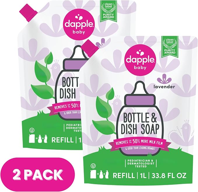 Dapple Baby Lavender Bottle & Dish Soap Refill Pouch - (2 Pack) 33.8 fl oz - Plant-Powered Cleaner for Baby Bottles, Pump Parts, and Sippy Cups