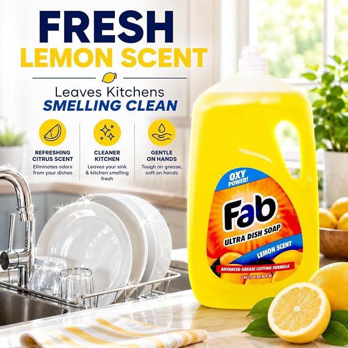 La's Totally Awesome Fab Liquid Dish Soap, Lemon Scent, 90 fl oz (Pack of 2), Powerful Grease-Cutting Dishwashing Liquid, Gentle on Hands, for Pots, Pans, Glassware & Cookware