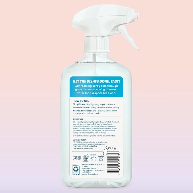 ECOS Foaming Dish Soap, Powerful Spray-On Formula, Saves Water, Wipe & Rinse Dish Cleaner - Hypoallergenic - Free & Clear, 17 Fl Oz (Pack of 4)