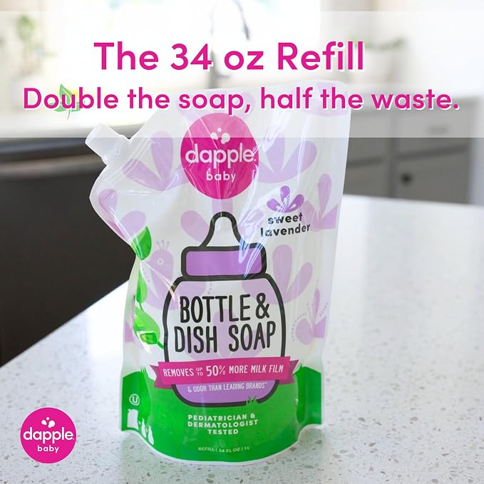 Dapple Baby Lavender Bottle & Dish Soap Refill Pouch - (2 Pack) 33.8 fl oz - Plant-Powered Cleaner for Baby Bottles, Pump Parts, and Sippy Cups