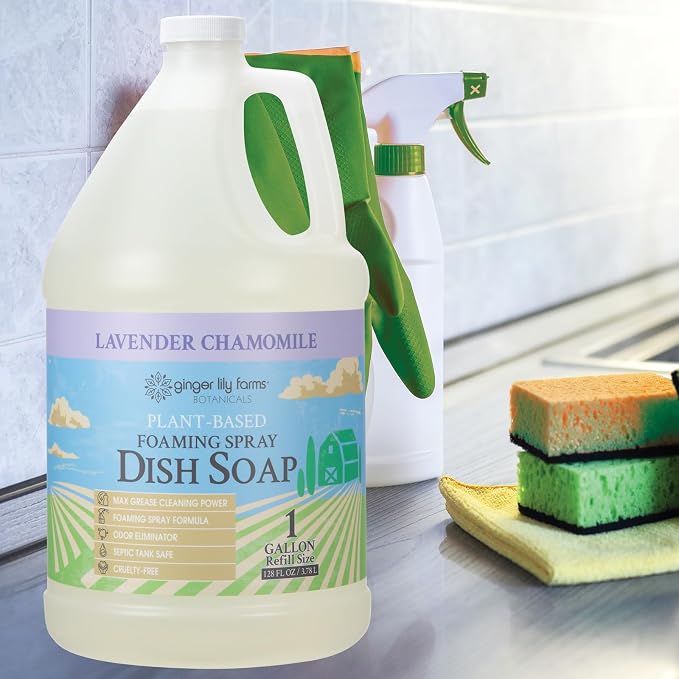 Ginger Lily Farms Botanicals Plant-Based Foaming Spray Dish Soap, Concentrated Formula with Max Grease Cleaning Power, Cruelty-Free, Lavender Chamomile Scent, 1 Gallon Refill (128 Fl Oz)