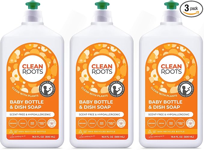 Baby Bottle & Dish Soap – EcoGarantie Certified, 100% Plant-Based Formula, Made with Organic Ingredients, Scent-Free & Hypoallergenic – 16.9 fl oz (500 mL), Pack of 3