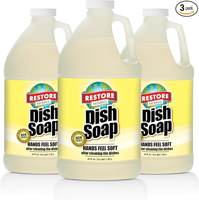 Restore Naturals Non Toxic Liquid Dish Soap - 64 Fl Oz - Plant Based | Biodegradable | Gentle Formula | Cruelty Free | Made in the USA - 3 Pack