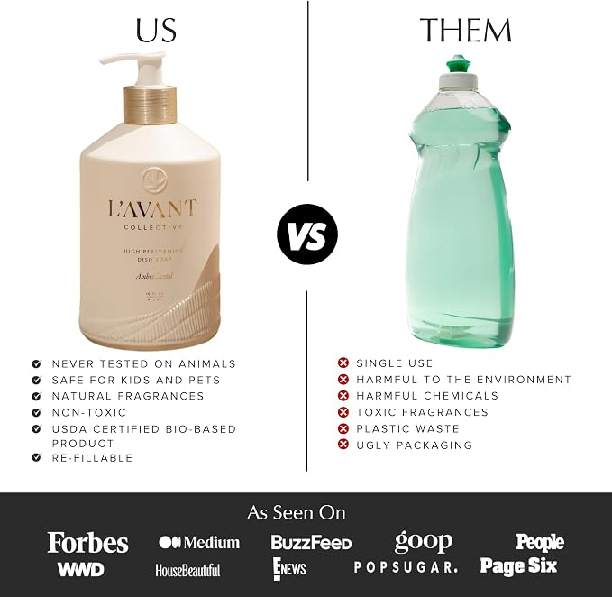 L'AVANT Plant-Based Luxury Dish Soap with Pump, Ambre Santal, 16 Fl Oz | Plant-based grease-cutting formula, refillable glass bottle with pump, gentle on hands, kid and pet safe, Ambre Santal scent