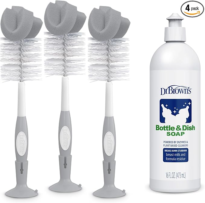 Dr. Brown's Reusable Sponge Baby Bottle Cleaning Brush, Grey 3-Pack & Fragrance-Free Dish Soap, 16oz