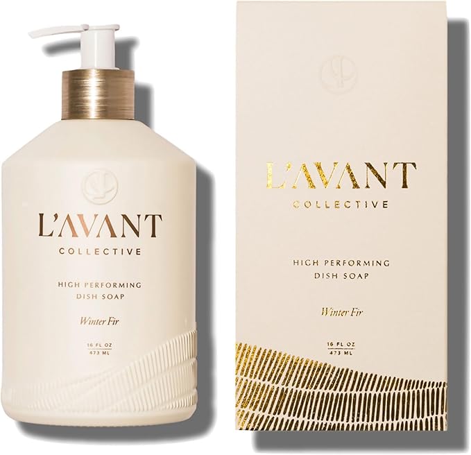 L'AVANT Natural Dish Soap, Plant-Based, Refillable Pump, Winter Fir, 16 oz | Plant-based formula, grease-cutting power, refillable glass pump bottle, gentle on hands, kid and pet safe, Winter Fir scent