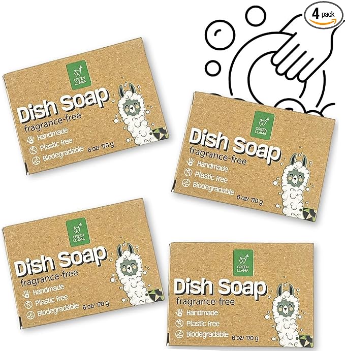 Green Llama Natural Dish Soap Bars - 4-Pack, Coconut Oil-Based, Fragrance-Free, Biodegradable Kitchen Soap | Eco-Friendly, Non-Toxic, Handmade Solid Dishwashing & Dishwasher Cleaner