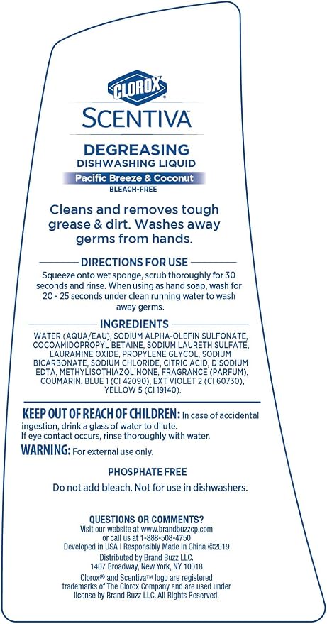 CLOROX Scentiva Dishwashing Liquid Soap | Smells Great and Cuts Through Grease Fast | Quick Rinsing Formula for a Powerful Clean You Can Trust, Pacific Breeze & Coconut, 26 Oz (Pack of 6) | Ultra-concentrated formula, bleach-free, cuts through food res...