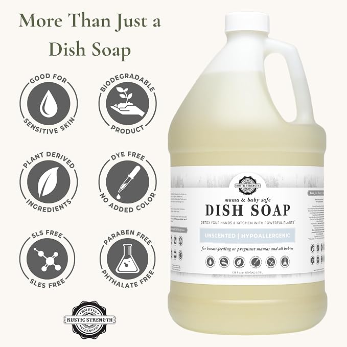 Rustic Strength Natural Dish Soap, Unscented, 1 Gallon Plastic | Gentle on All Skin, Concentrated and fragrance free, Biodegradable Plant-Based Formula