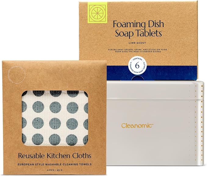 CLEANOMIC Reusable Kitchen Cloth, Foaming Dish Soap & Tablet Tin Bundle