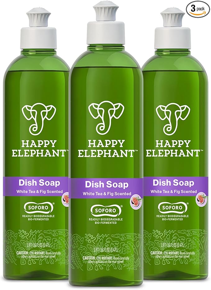 Happy Elephant Dish Soap, White Tea & Fig Scent, Natural Biodegradable Liquid Dish Soap, Plant Based, Grease Fighting, Tough on Food, Gentle on Hands, No Synthetic Fragrance, 12 Fl Oz, 3 Pack