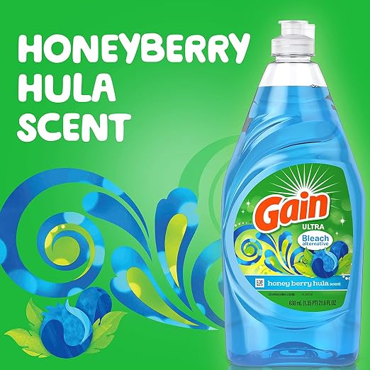 Gain Ultra Bleach Alternative Dishwashing Liquid Dish Soap, Honey Berry Hula Scent - 21.6 Fluid Ounce (Pack of 4)