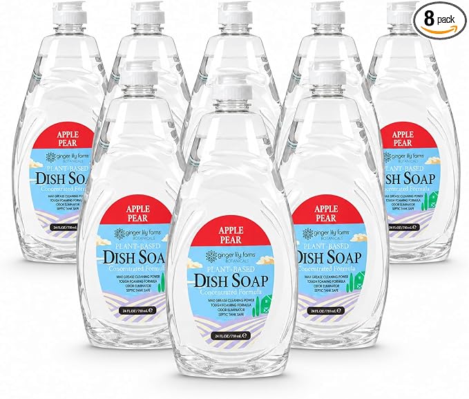 Ginger Lily Farms Botanicals Plant-Based Liquid Dish Soap, Concentrated Formula with Max Grease Cleaning Power, Cruelty-Free, Apple Pear Scent, 24 Fl Oz (Pack of 8)