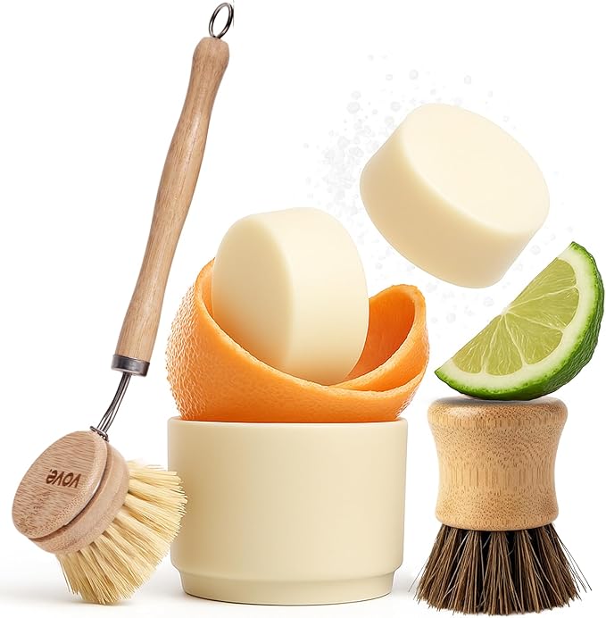 Dish Soap Bundle, 2 Bars, 2 Bamboo & Sisal Scrub Brushes, 1 Ceramic Cup – Coastal Citrus Mint, Mandarin, Spearmint, Cypress & Bergamot Oils, Plant-Based Coconut Soap, FSC Bamboo, Plastic-Free Set