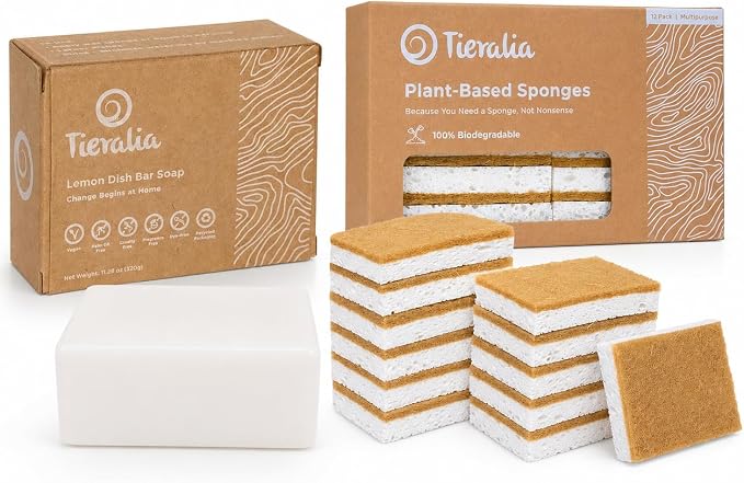 Tieralia Lemon Dish Soap Bar & Natural Plant-Based Dish Sponge Bundle | 2-Pack Solid Dish Soap + 12 Eco-Friendly Biodegradable Kitchen Sponges