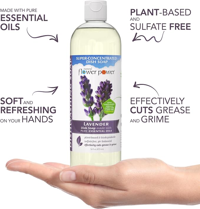Natural Flower Power Liquid Dish Soap – Variety Pack – Citrus & Spice, Lemongrass, & Lavender – Plant-Based & Scented w/ Pure Essential Oils – Sulfate-Free Kitchen Soap – Vegan (16 Fl Oz 3 Pack)