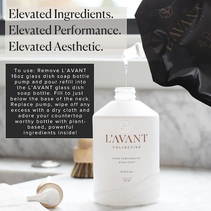 L'AVANT Dish Soap Refill, Plant-Based Grease-Cutting, Fresh Linen, 32 Fl Oz | Plant-based grease cutting, Fresh Linen fragrance, gentle on hands, non-toxic formula, refill pouch, cruelty-free, 32 fl oz