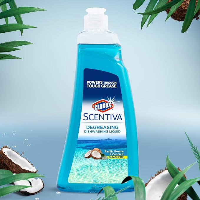 Clorox Scentiva Liquid Dish Soap, Pacific Breeze & Coconut, 26 Fl Oz, 2-Pk | Ultra-concentrated formula, bleach-free, cuts through food residue, gentle on hands