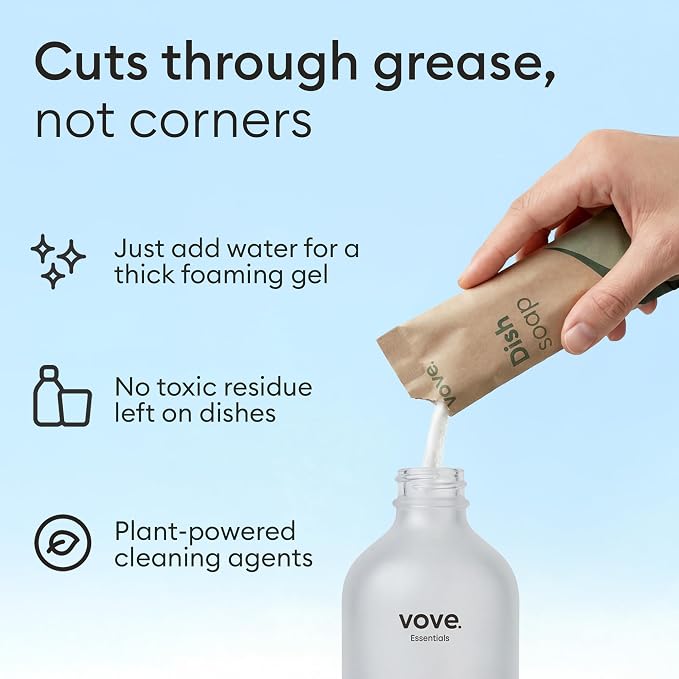 Vove Dish Soap Starter Set with Refillable Glass Pump Bottle & 3 Refills, Bergamot Mint & Basil, Powder-to-Gel Dishwashing Liquid, Plant-Based Concentrated Formula, Plastic-Free Packaging