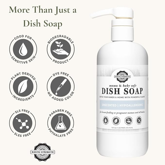 Rustic Strength Natural Dish Soap, Mama + Baby, Unscented 16 oz | Concentrated and High Lathering, Plant-Based Formula,Tough on Grease,Gentle on Hands
