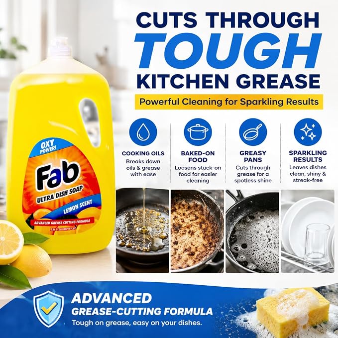 La's Totally Awesome Fab Liquid Dish Soap, Lemon Scent, 90 fl oz (Pack of 2), Powerful Grease-Cutting Dishwashing Liquid, Gentle on Hands, for Pots, Pans, Glassware & Cookware