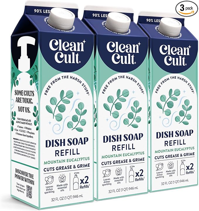 Cleancult Dish Soap Liquid Refills - Plant Based Cleaning Power - Cuts Grease & Grime - Free of Harsh Chemicals - Uses 90% Less Plastic - Mountain Eucalyptus - 32 oz/3 Pack