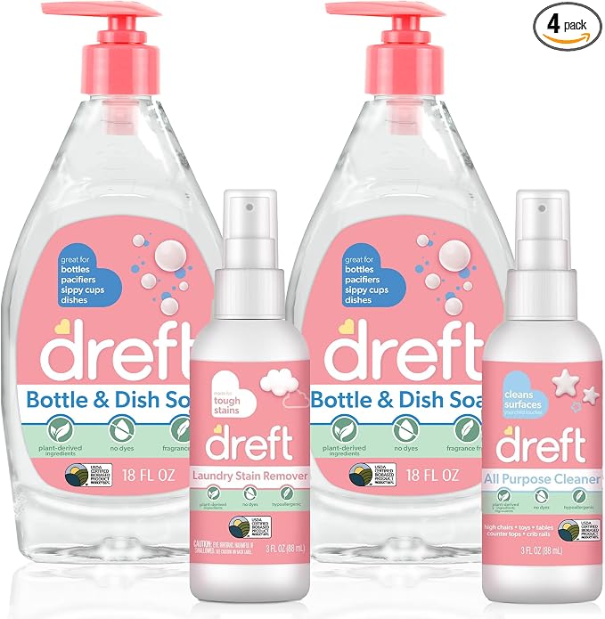 DREFT Bottle and Dish Soap Baby Gift Set - Bonus Travel Size Dreft All Purpose Cleaner & Stain Remover - Made to Clean Baby Essentials - Plant Based Ingredients, Fragrance Free Formula - 4 Piece Set